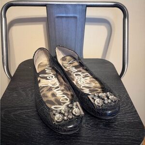 Sam Edelman Black Embossed Ballet Flats Crystal Embellished Toe Size 8